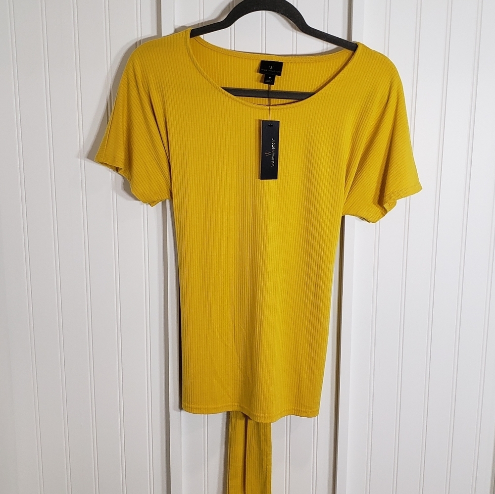 Worthington NWT Rayon Stretch Short Sleeve Ribbed Top Rear Tie Mustard Gold S…